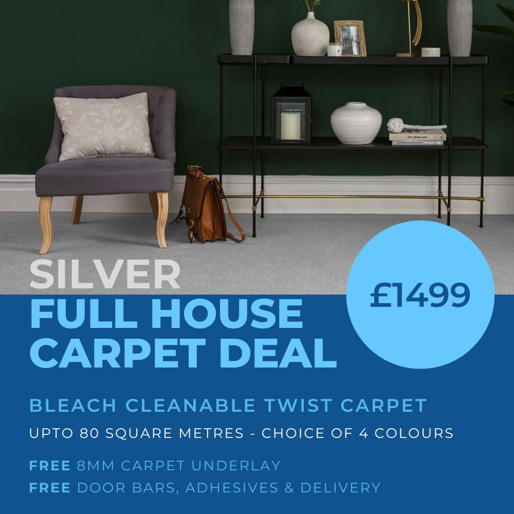 Silver full house carpet deal with bleach cleanable twist style carpets.